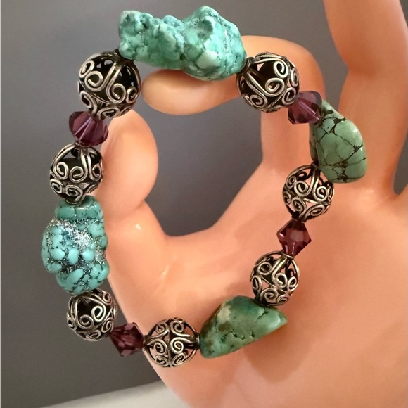 Natural Turquoise Gemstone Silver Bracelet Handmade - Picture 1 of 4